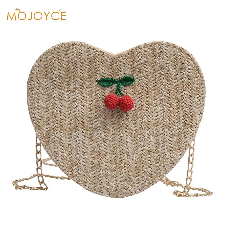 

Girls Female Heart Shape Straw Woven Crossbody Handbag Women Summer Beach Chain Zipper Fashion Casual Shoulder Messenger Bags