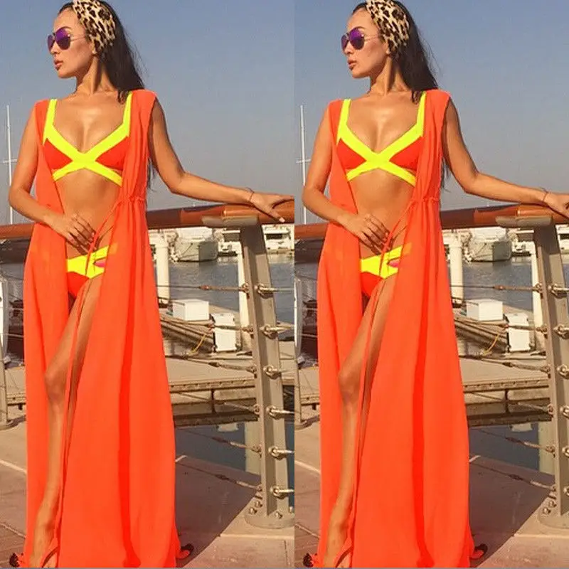 

Women Solid Chiffon Kimono Beach Cardigan Bikini Cover Up Wrap Elastic Sashes Beachwear Long dress