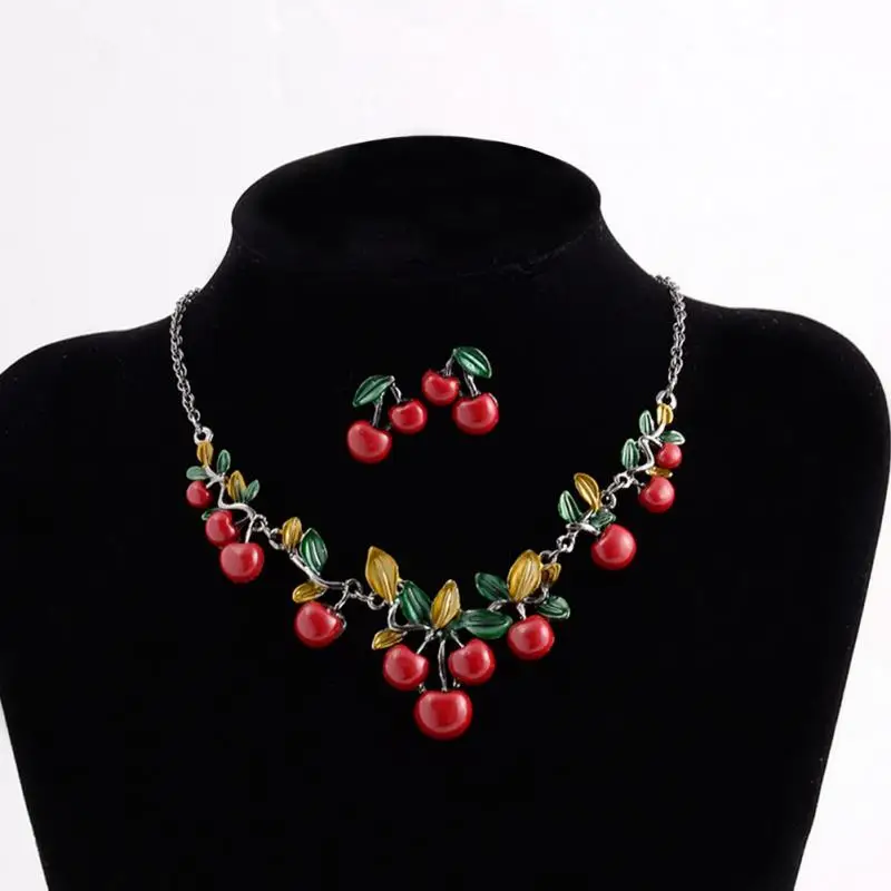 

Trendy Red Fruity Cherry Alloy Choker Statement Maxi Necklace Sets for Women Girls Gift Sets As Picture