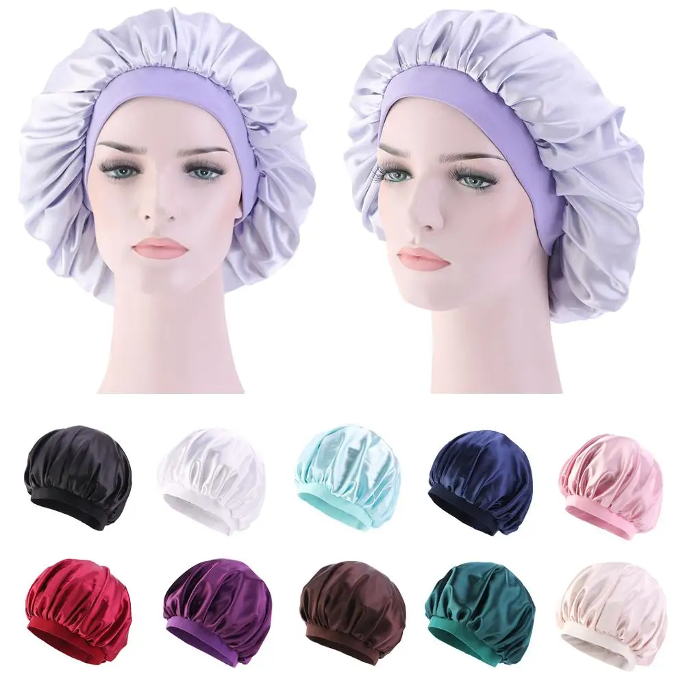 

12 Colors Sleeping Hat Night Sleep Cap Hair Care Satin Bonnet Caps Nightcap For Women Men Unisex Cap Beanies Wide Band Casual