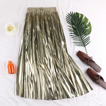 

Fashion Women's Metallic Reflective Pleated Skirt Summer Casual High Waist Midi Skirt Ladies Party Club Gold Silver A-Line Skirt