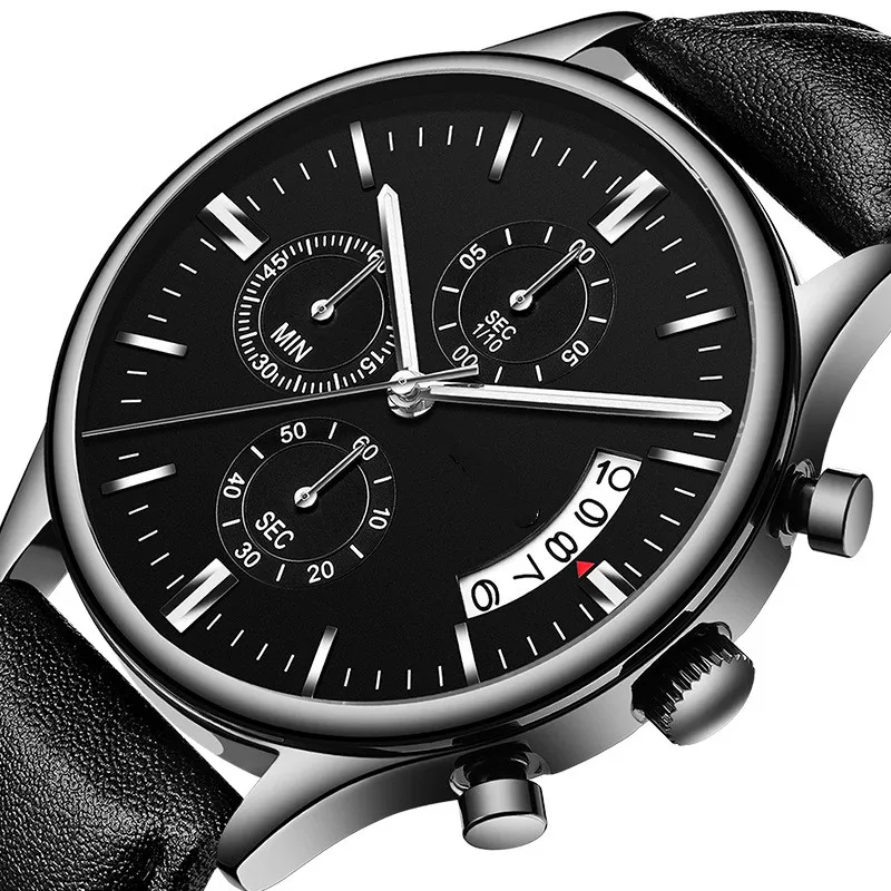 

Fashion men's watch multi-function three-eye six-pin chronograph stopwatch leather waterproof calendar luminous men's watch