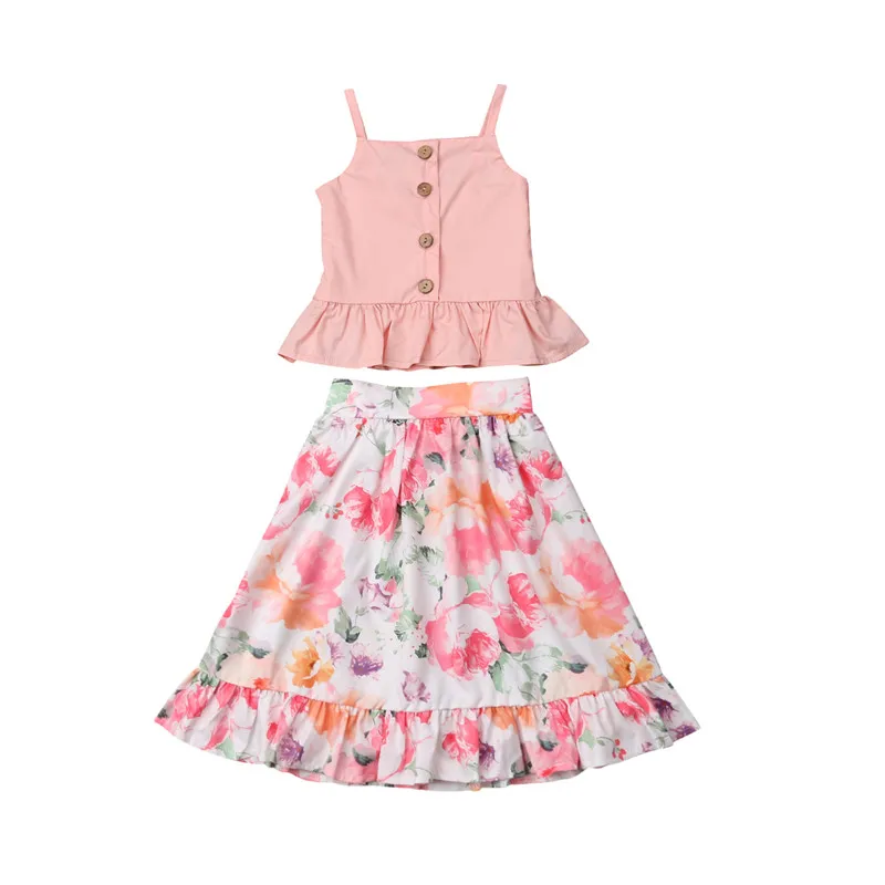 

Stylish Baby Girl 2Pcs Outfit Dress Solid Sleeveless Button T-shirt Tops+Toddler High Floral Skirt Cool Summer Kids Clothing