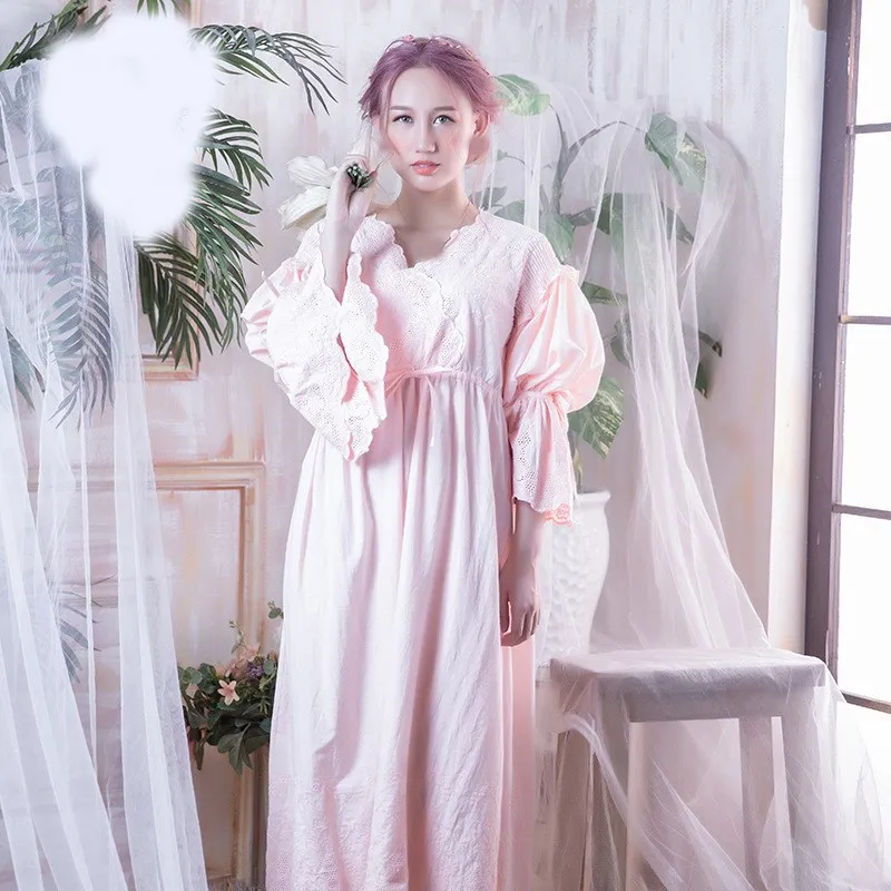 

Vintage Nightgown Sleepwear Women Set Solid Spring Flare Sleeve Sleep Shirts Long Lace Hollow Out Night Wear Sleep Dress