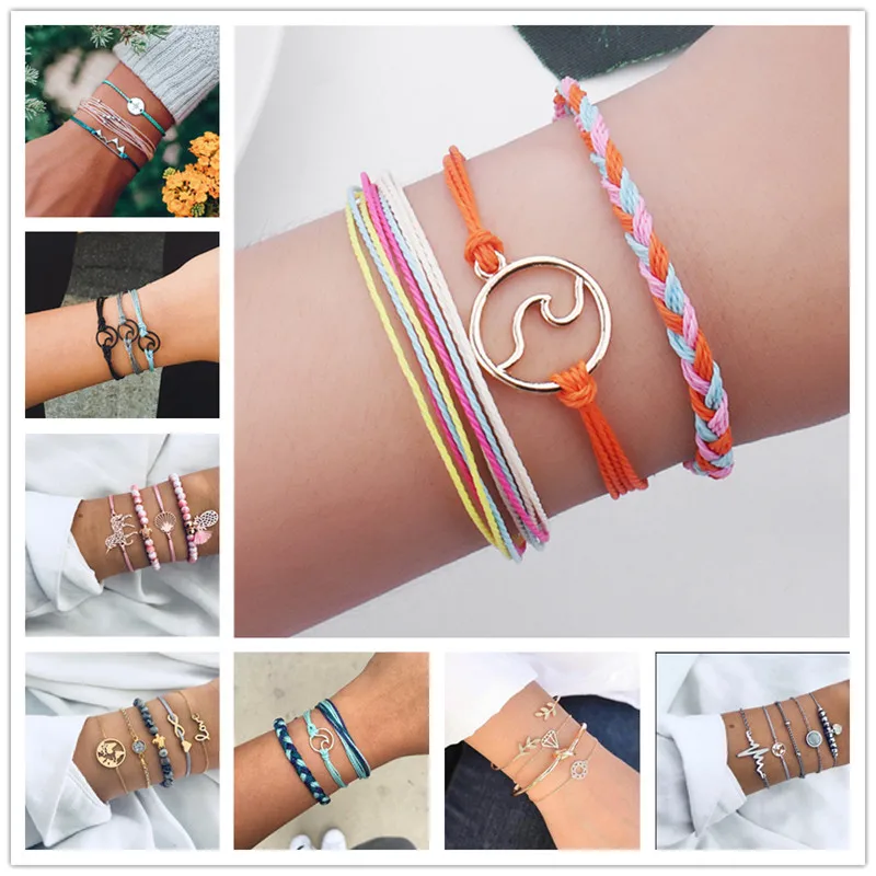 

LWMMD Pure Life Hippie Boho Beach Surf Bracelets Handmade wave charms Friendship bracelet wax string Adjustable Bracelets&Bangle