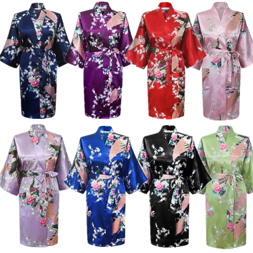 

Silk Satin Wedding Bride Japanese Traditional Peacock Bridesmaid Robe Ladies Sleepwear Yukata Kimono Short Dress Nightgown