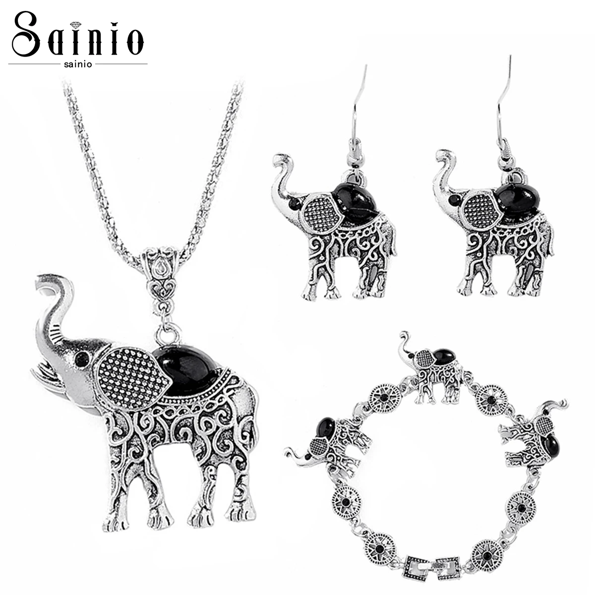 

Vintage Animal Jewelry Set for Women Antique Silver Elephant Pendant Necklace Earrings Bracelet Set Retro Ethnic Boho Jewellery