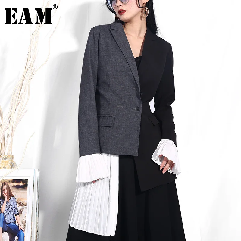 

[EAM] High Quality 2019 Spring Fashion New Hit Color Stitchhing Pleated Cuff Personality Irregular Jacket Women Coat YC94101