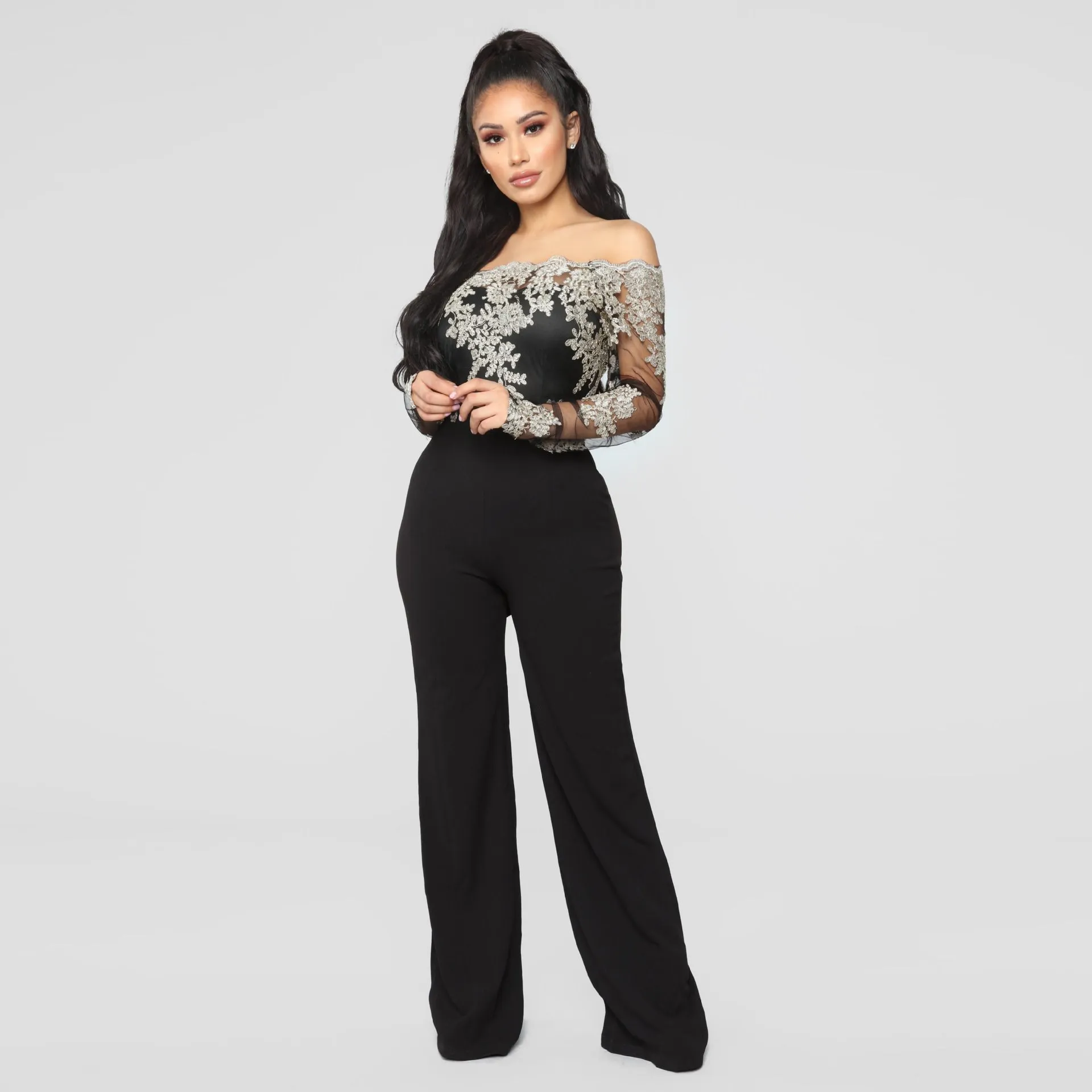 Mesh Patchwork Embroidery Sexy Party Jumpsuit Women Slash Neck Long Sleeve Wide Leg Jumpsuit Sashes Elegant Long Bodysuit Mesh Patchwork Embroidery Sexy Party Jumpsuit Women Slash Neck Long Sleeve Wide Leg Jumpsuit Sashes Elegant Long Bodysuit