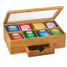Tea Organizer Bamboo Tea Box with Small Drawer 100% Natural Bamboo Tea Chest — Great Gift Idea