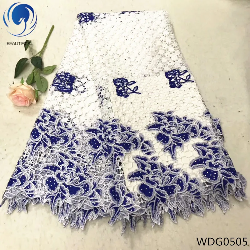 

BEAUTIFICAL guipure embroidery lace fabric african cord lace with rhinestones good quality white blue cord lace fabrics WDG05