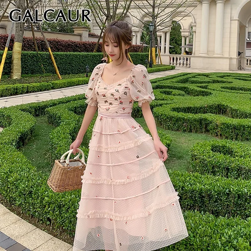 

GALCAUR Elegant Embroidery Patchwork Women Dress Asymmetrical Collar Puff Sleeve High Waist Midi Dresses Female Summer 2019