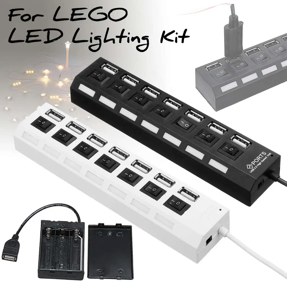 Battery Box with 7 USB Ports 2.0 HUB for LEGO Installing LED Lighting