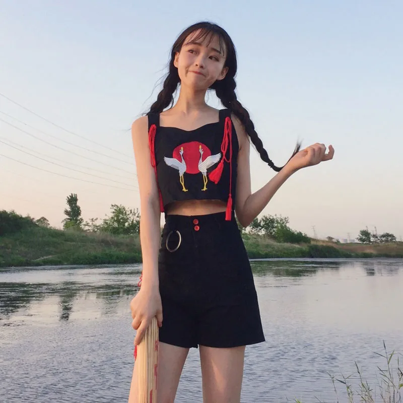

preppy style summer ulzzang korean Women's Sets Harajuku Crane embroidery tassel tops tank vest+empire shorts two piece set