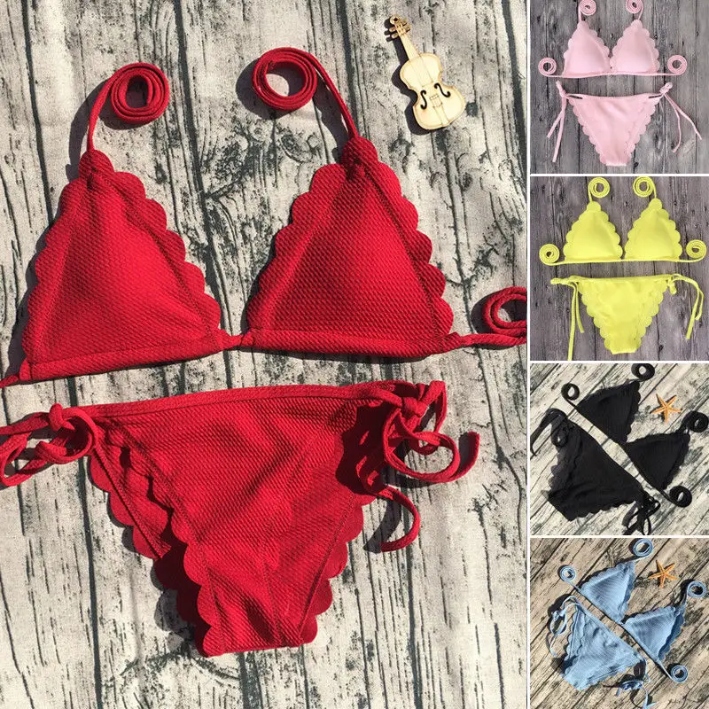 

2019 New Style Fashion Hot Women's Bikini Set Swimwear Ruffles Bandage Cute Solid Travel Beach Party Swimsuit