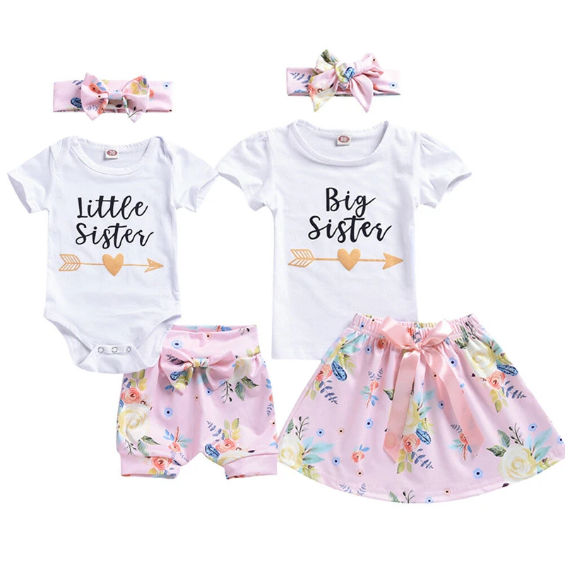 

Sister Matching Clothes Family Baby Girl Outfit Big Sister Shirt Cotton Romper Shorts Floral Baby Clothing Set Children Outfit