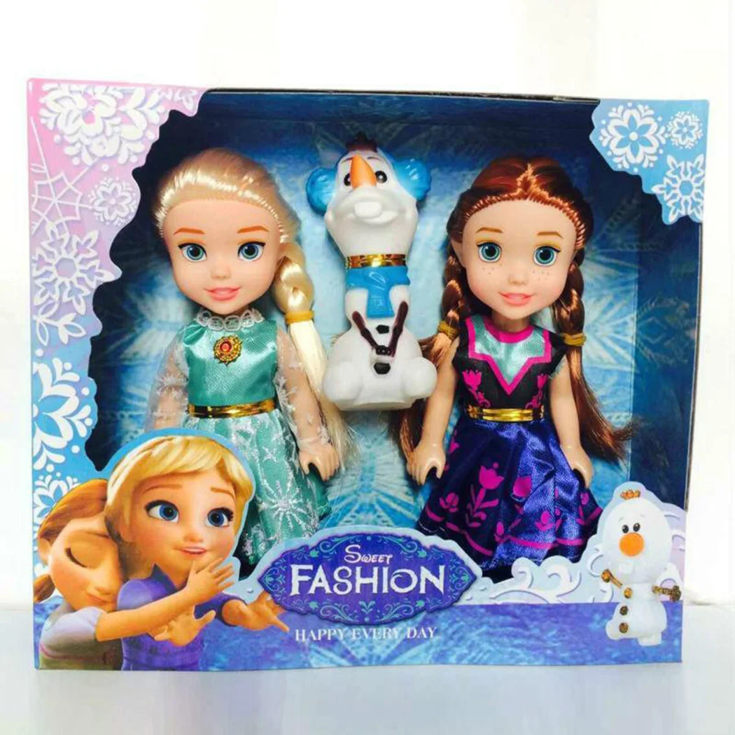 3 Pcs/Lot Frozen Princess Elsa Anna Olaf Dolls Action Figures Toy Doll Set Birthday Gift Box Doll Girl House Snow Treasure