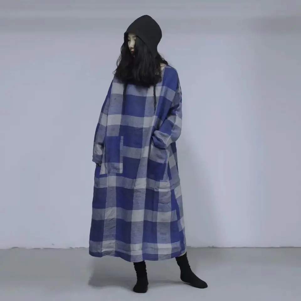 2019 Spring Plaid Pattern Literature Lattice Flax Round Neck Bat Sleeve Easy Large Size Big Loose Dress Linen Gothic Long wear | Женская