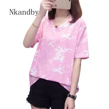 Nkandby/Большие размеры, белые футболки с принтом облаков, женская летняя Корейская стильная женская футболка с v-образным вырезом, уличная Женская Базовая футболка, топ