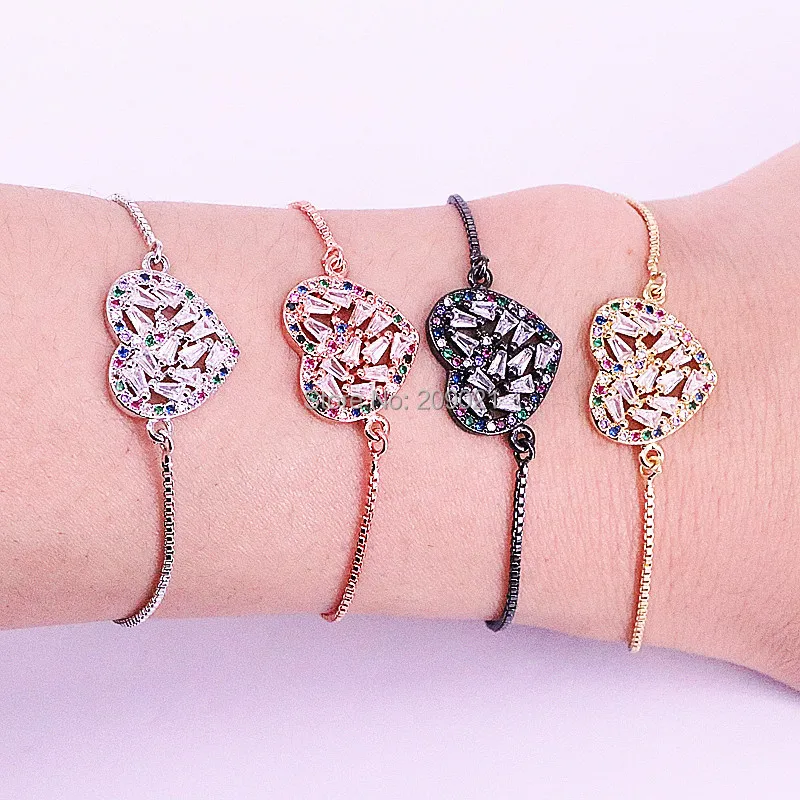 

10Pcs Colorful CZ Crystal Paved Heart Connector Bracelet, Metal plated Adjustable Chain Bracelets