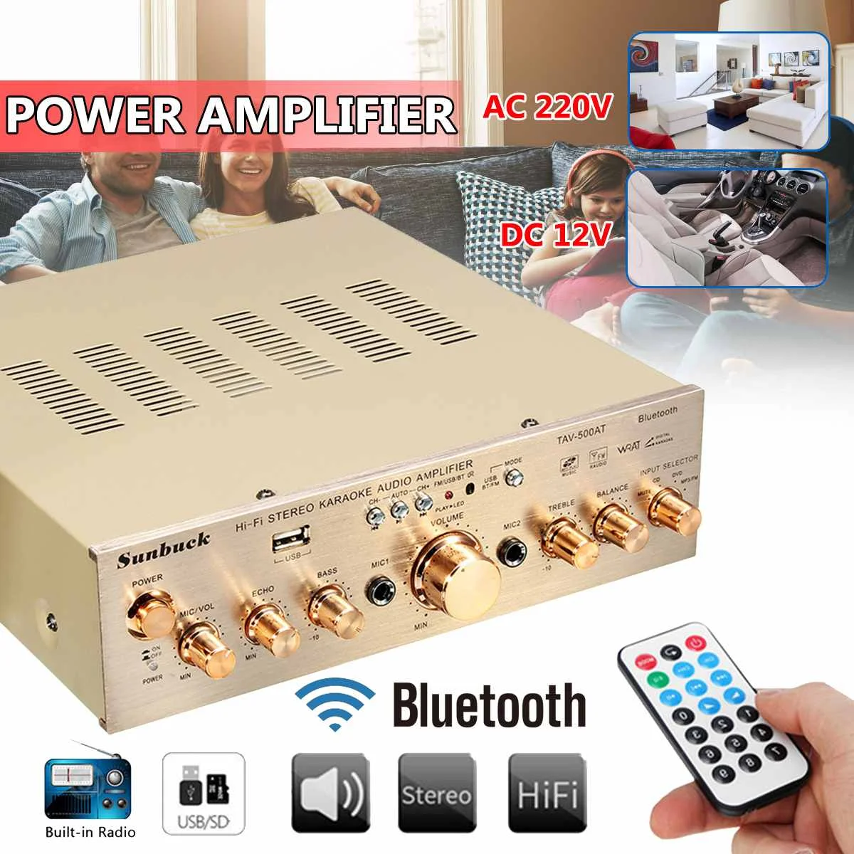 

Sunbuck 12V/ 220V 300W+300W HIFI Car Audio Stereo Power Amplifier bluetooth FM Car Home Karaoke Theater Amplifiers