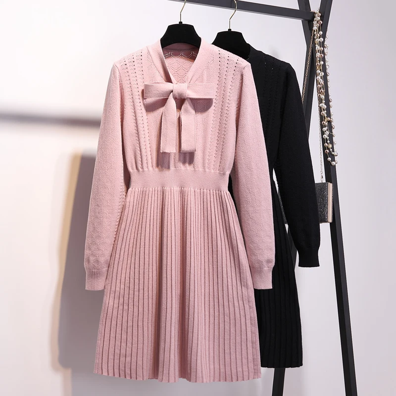 

2019 New Women Pink Bow Tie Collar Sweater Dresses Plus Size Female Pullover Elegant Long Sleeve Pleated Knitted Dress Vestidos