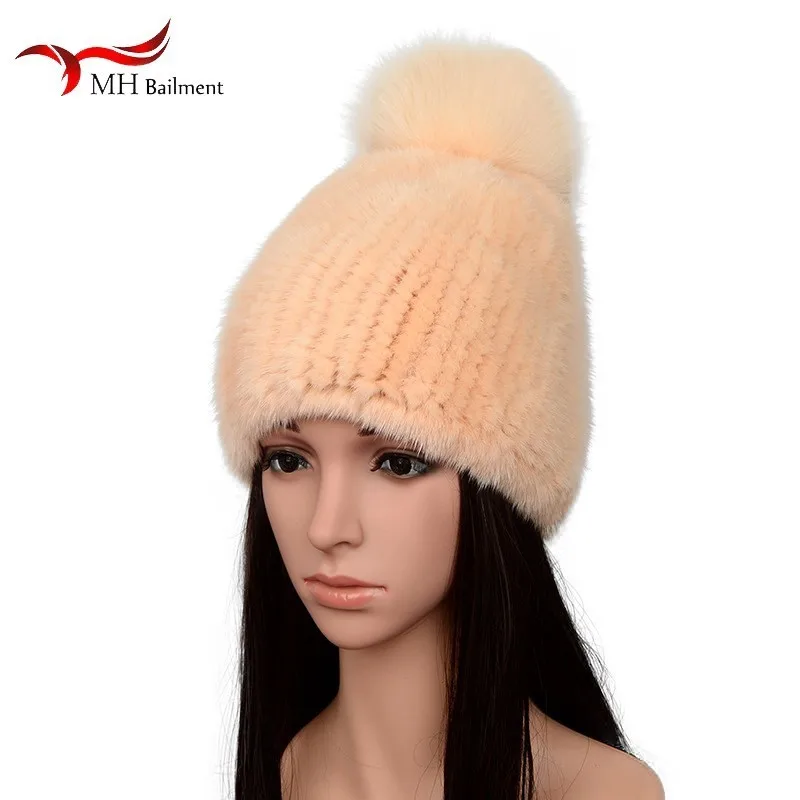 

Women Gorro Autumn Winter New Mink Knit High Density Beanies Hand-woven Baotou Fur Hat Fox Pompon Decoration Out Warm Cap Ladies