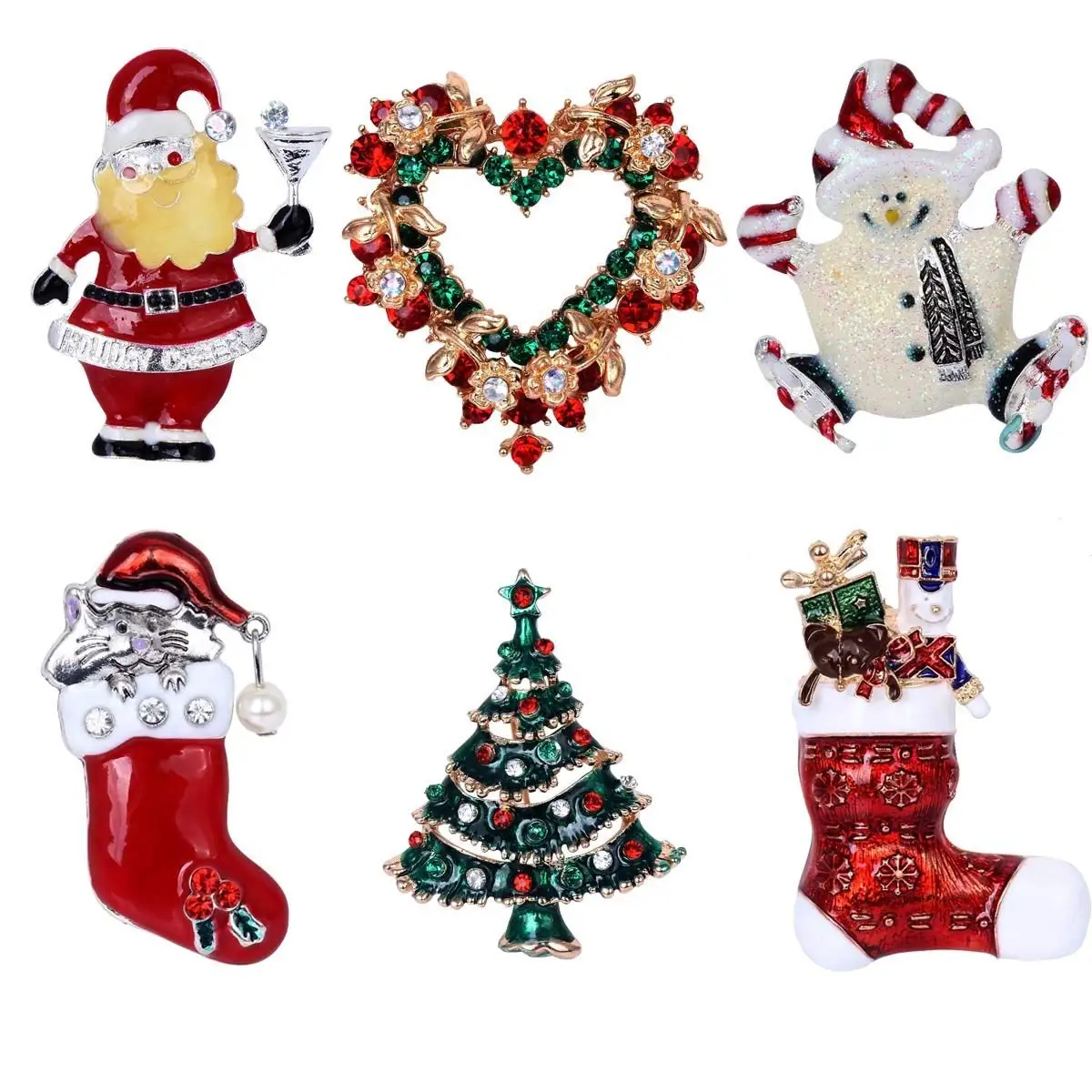 

Hot sale 6 Pieces Multi-colored Christmas Brooch Pin Set Red Heart Hat Snowman Santa's Boots Christmas Tree Christmas Gift for