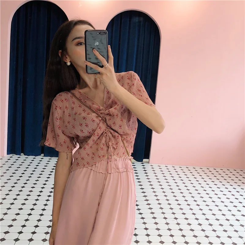 

Lychee Girls Floral Print Drawstring Chiffon Shirts V-Neck Short Sleeve Short Shirts Spring Summer Women Casual Blouse
