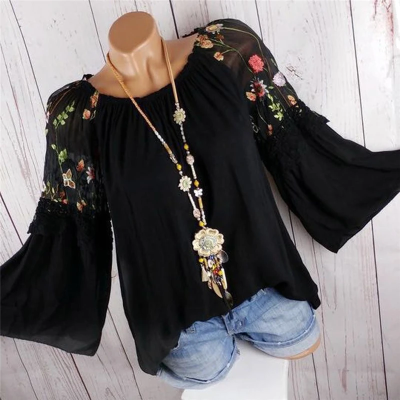 

Fashion Women Blouse And Tops Autumn Casual O-Neck Blouse Floral Embroidery Lace Flare Sleeve Shirt Plus Size 5XL Female Blusa