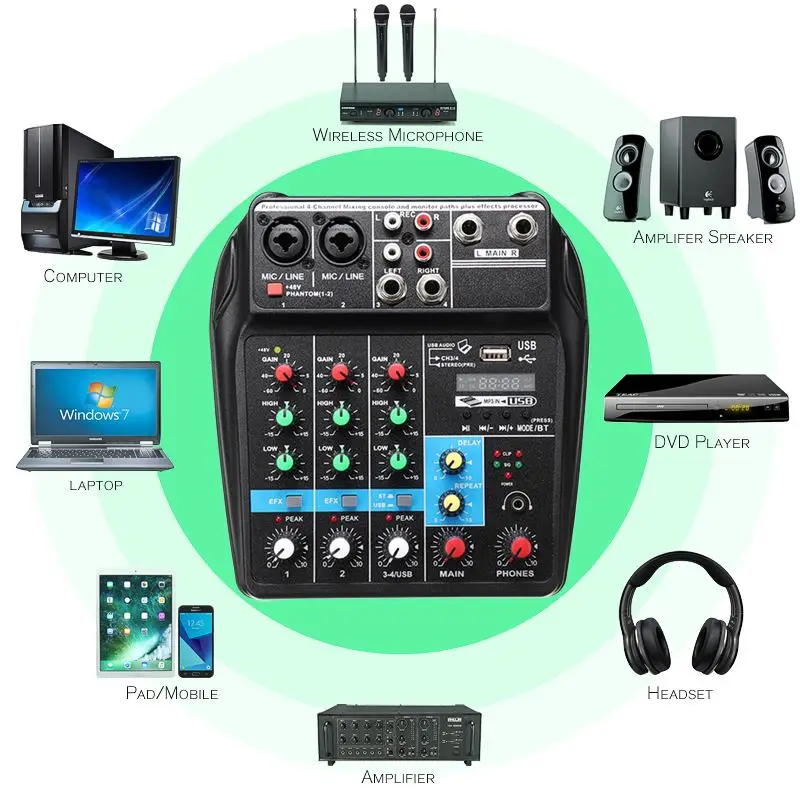 A4 Портативный 4 канала USB bluetooth аудио микшер запись Live Studio DJ звук микшерный пульт компьютерное воспроизведение для караоке KTV