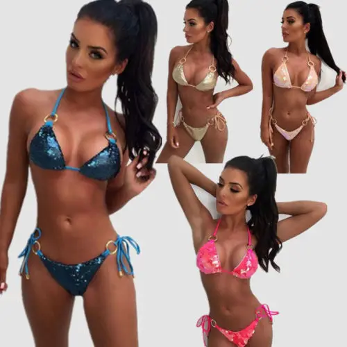 

2019 sexy Mermaid Lady Women Sequin Bikini Sets Halter Swimsuit Bandage Bathing Suit Bling Swimwear Beachwear