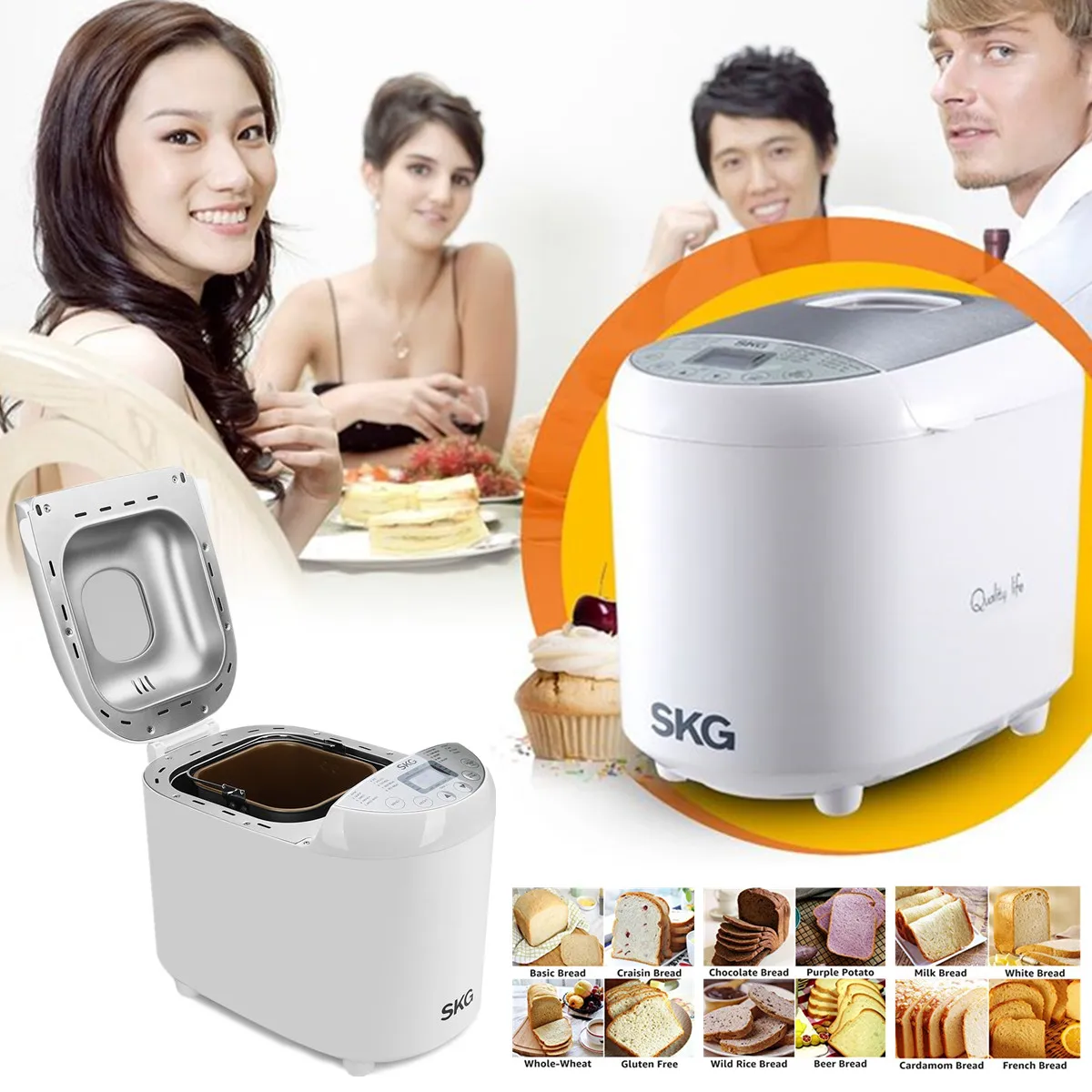 

SKG 110V Automatic Bread Machine Maker With Recipes Nonstick Coated 2LB Beginner Friendly 19 Programmable Timer Intelligent