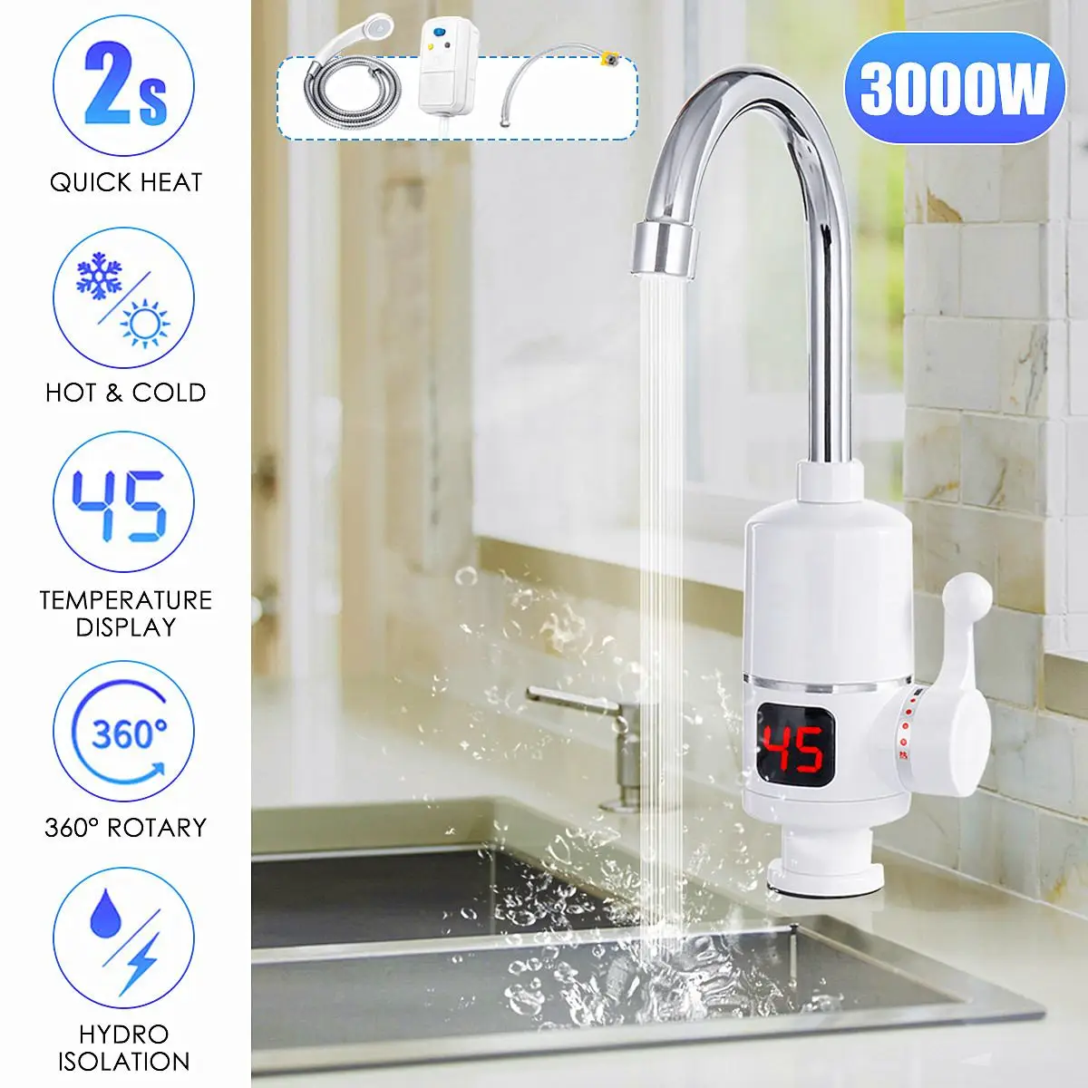 Kitchen Tankless Faucet Instant Electric Hot Water Tap Fast Water Heater Sink 3kw Temperature Display With Shower Head