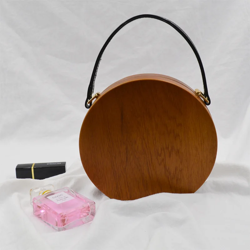 

Retro Handmade Raw Wood Women Bag Vintage Circular Leather Strap Tote Envening Clutch Round Hand Messenger Bag For Ladies