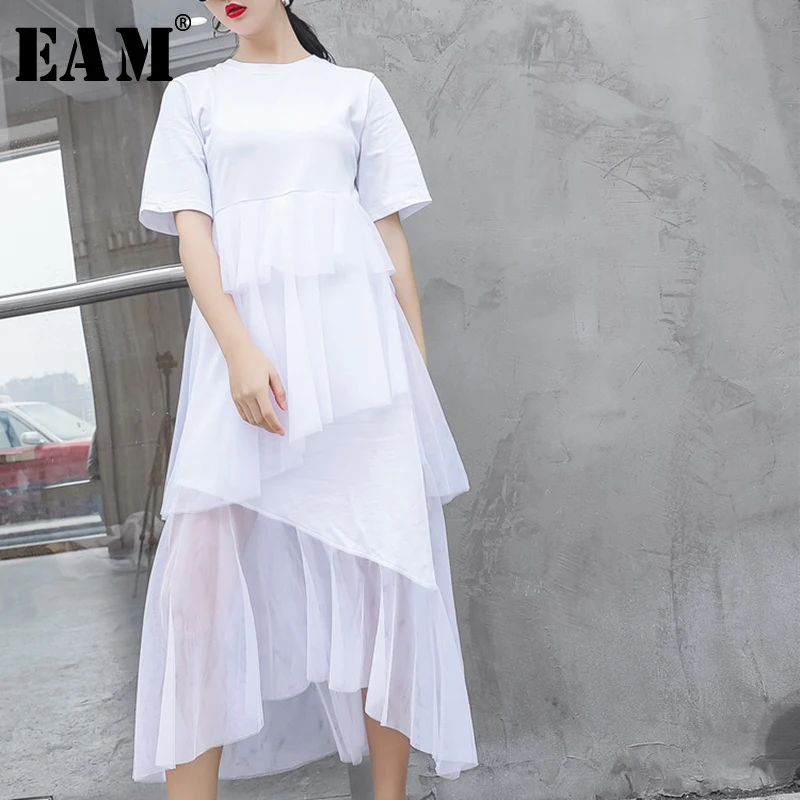 

[EAM] 2019 New Spring Summer Round Neck Short Sleeve Black Hem Mesh Temperament Irregular Cake Dress Women Fashion Tide JR330