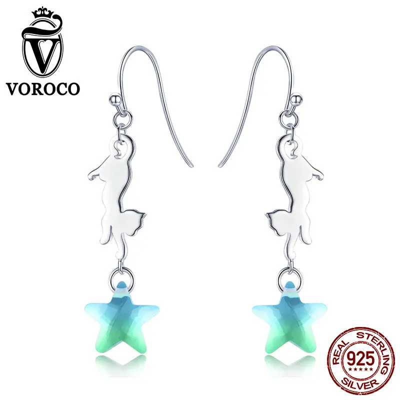 

VOROCO 925 Sterling Silver Dangle Women Long Earrings Young star Fashion Jewelry Female Drop Earrings Engagement Jewelry BKE473
