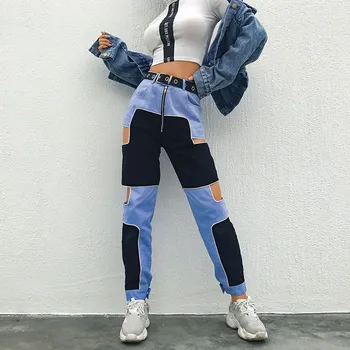 

Harajuku Hip Hop Cargo Pants Women Hollow Out High Waist Pants Ladies Streetwear Patchwork Sweatpants