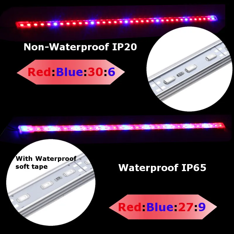 50cm LED Grow Light Bar Strip 36led 40lm/pcs Hydroponic Indoor Veg Flower Plant Lamp Kit DC12V red:blue=3:1/5:1 IP20/IP65