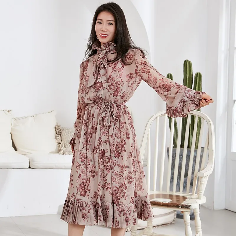 

2019 Summer Designer Stand Collar Floral Print Dress Long Sleeve Midi Ruffles Chiffon Dresses Vestidos
