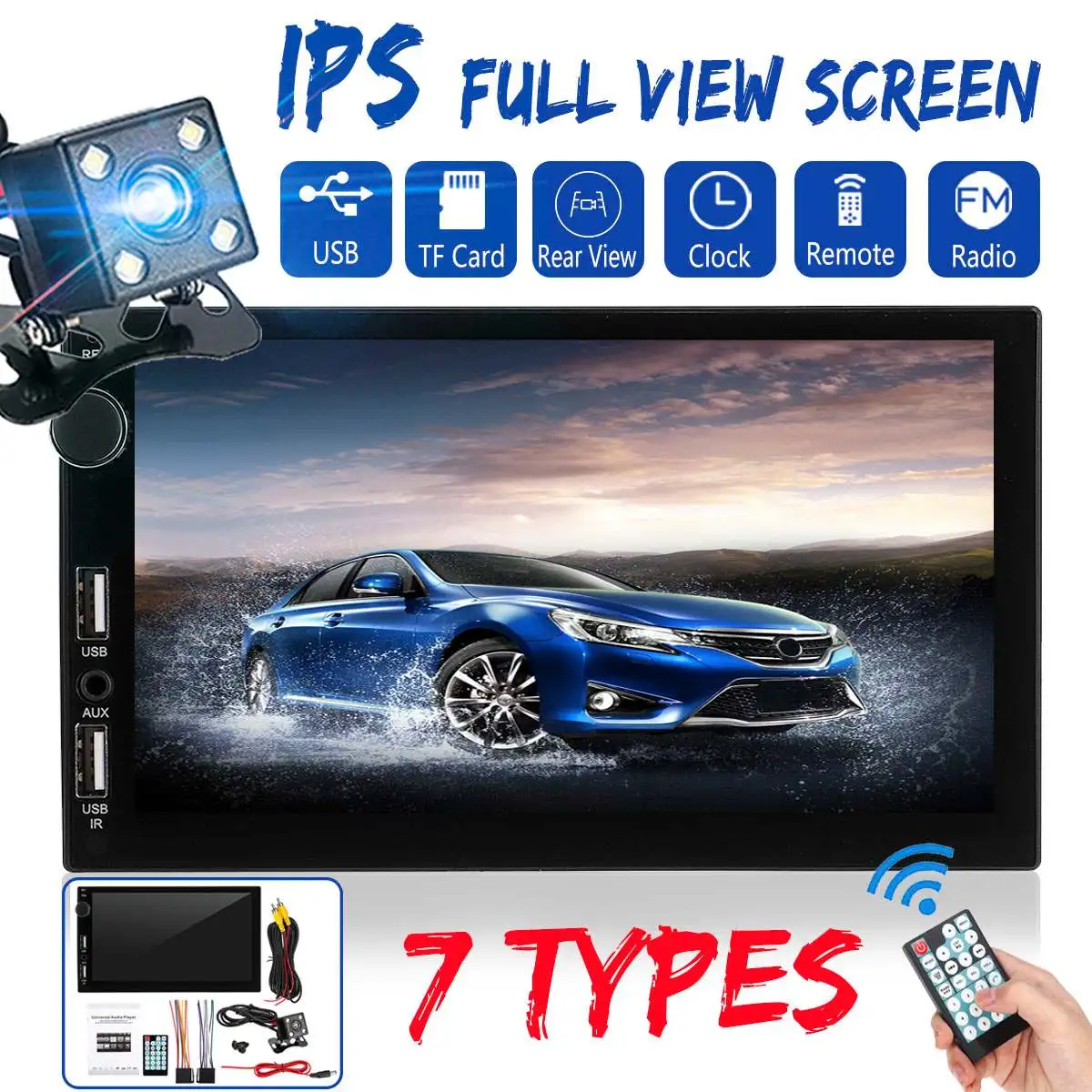 

7'' IPS Full View Touch Screen Car Multimedia Player MP5 Player 2DIN bluetooth Stereo 1080P Car Radio with Rear View Camera