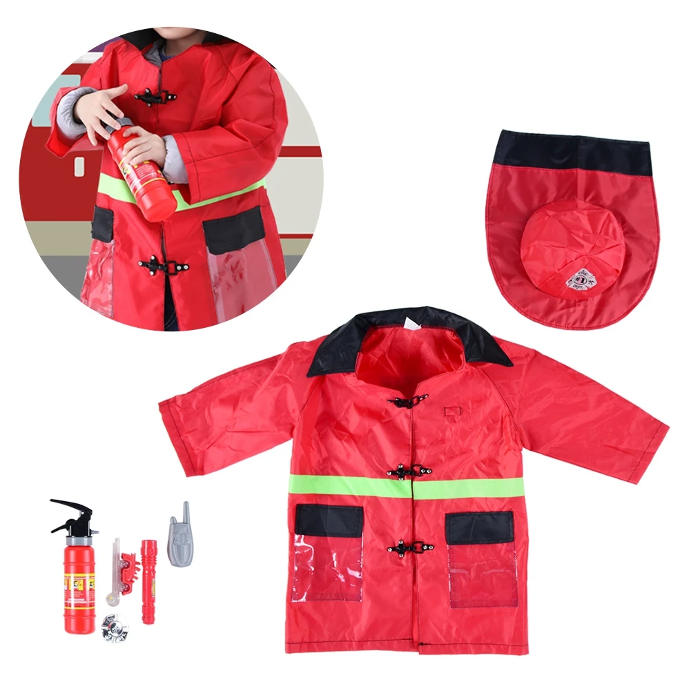 

Children Pretend Play Fireman Uniform Students Game Costumes Role Playing Professional Fire Fighters Tools Costume
