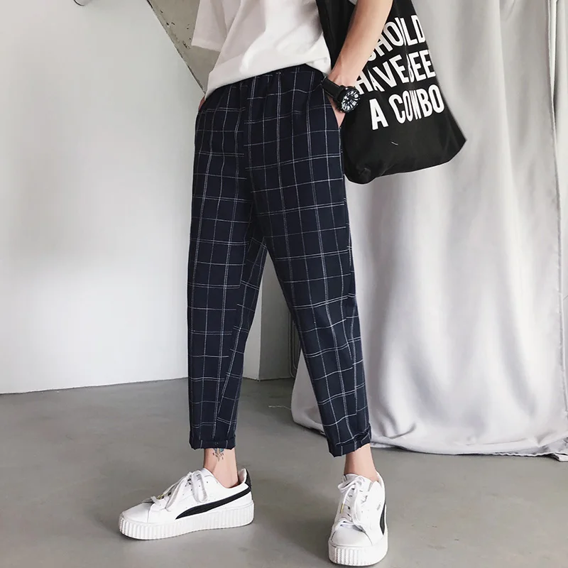 Spring Casual Men's New Nine Pants M-3XL Youth Personality Loose Solid Color Lattice Fashion Slim Temperament Feet Popular