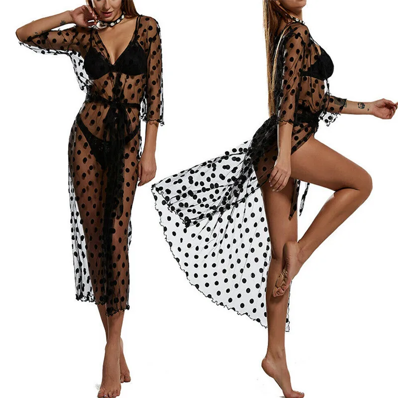 

Women Sexy Polka Dot Bikini Covers Sexy Hollow out Up Cardigan Swimwear Kimono Beach Long Bathing Suit Fancy 3 Color Beachwears