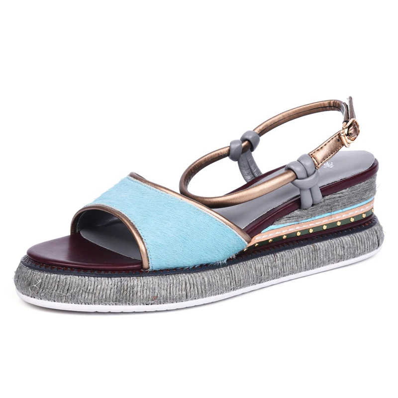 

Open-toe Women Platform Sandals 5.5 CM Heel Wedges Thick Soles Blue Leather Dress Shoes Summer Party Shoe Box Packing X18