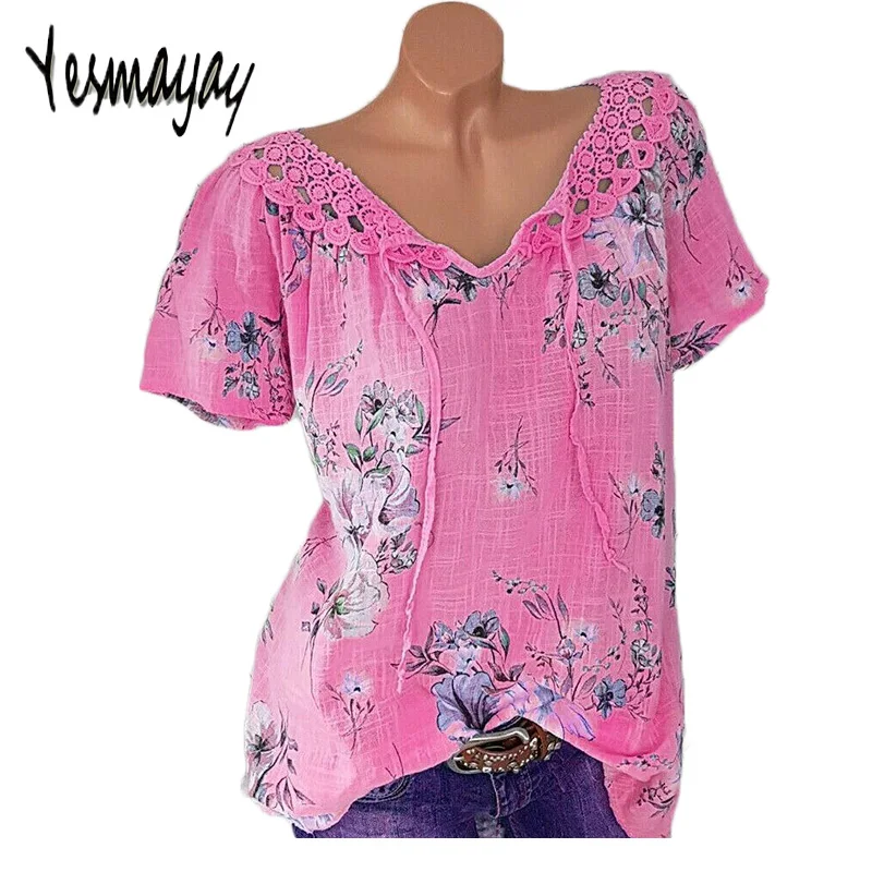 إمرأة المحملة الصيف قصيرة الأكمام الدانتيل خليط ر قميص المرأة زائد حجم طباعة الشارع الشهير التي شيرت قمم فام Camiseta موهير