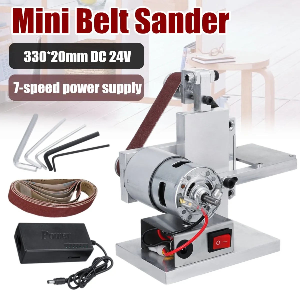 

Mini Belt Sander Machine DIY Sanding Grinding Sharpening 330x20MM With 7-speed Speed Control Power Supply
