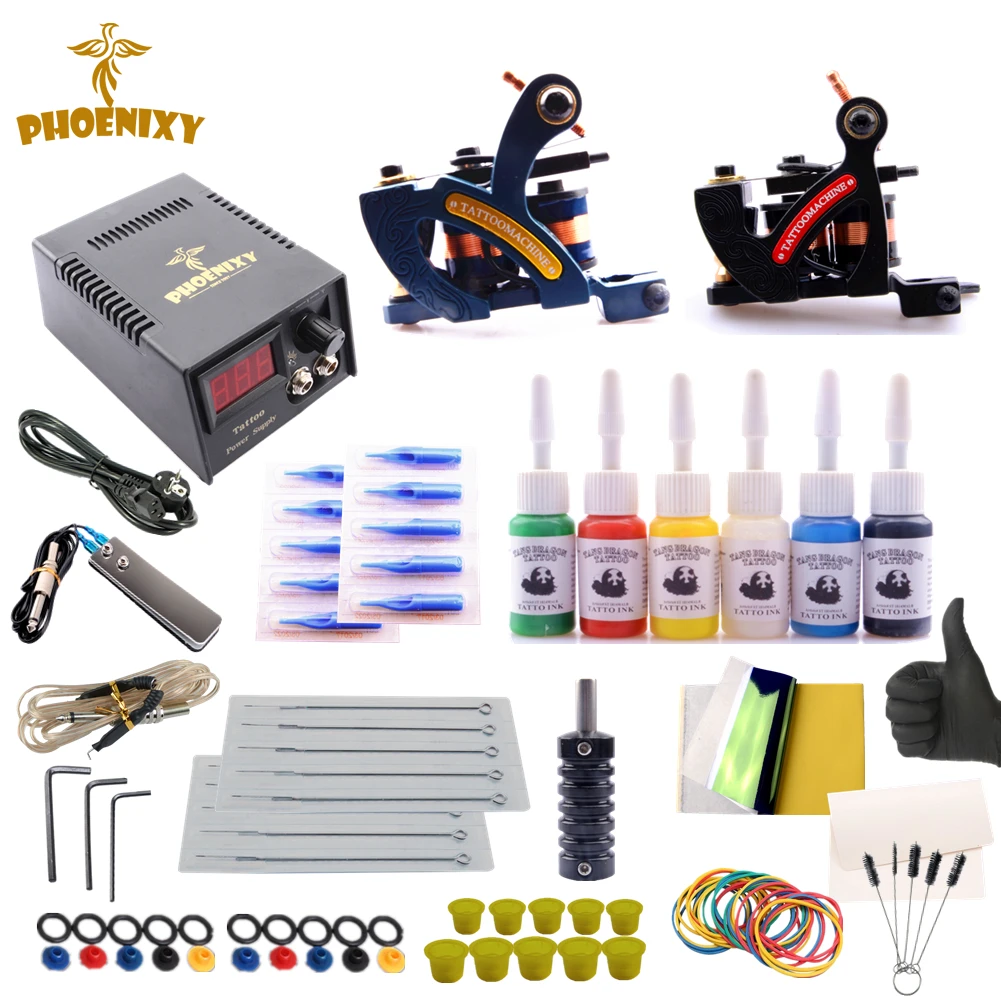 

Professional Tattoo Kits 2 Tattoo Machine Gun Black Power Supply Set 6Pcs Ink Tattoo Supplies Grips Needles Kit Permanent Makeup