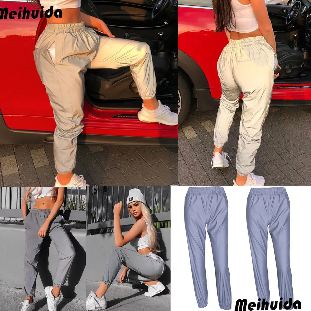 

Fashion Newly Women Reflective Pants Ankle banded Pants Hip Hop Dance Show Party Night Loose Baggy Pencil Trousers