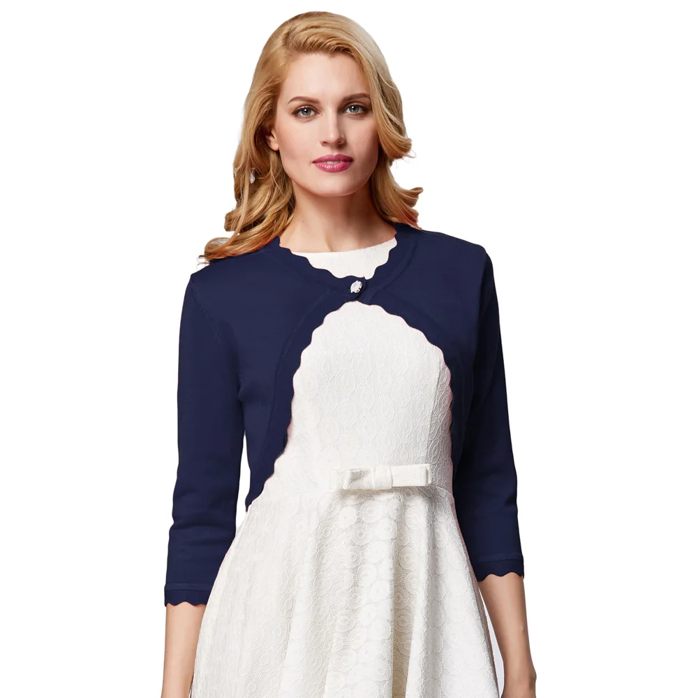 

Women Bolero Eyelet Trim solid jacket elegant slim coat retro 3/4 Sleeve One Button Knitting crop shrug wedding evening party